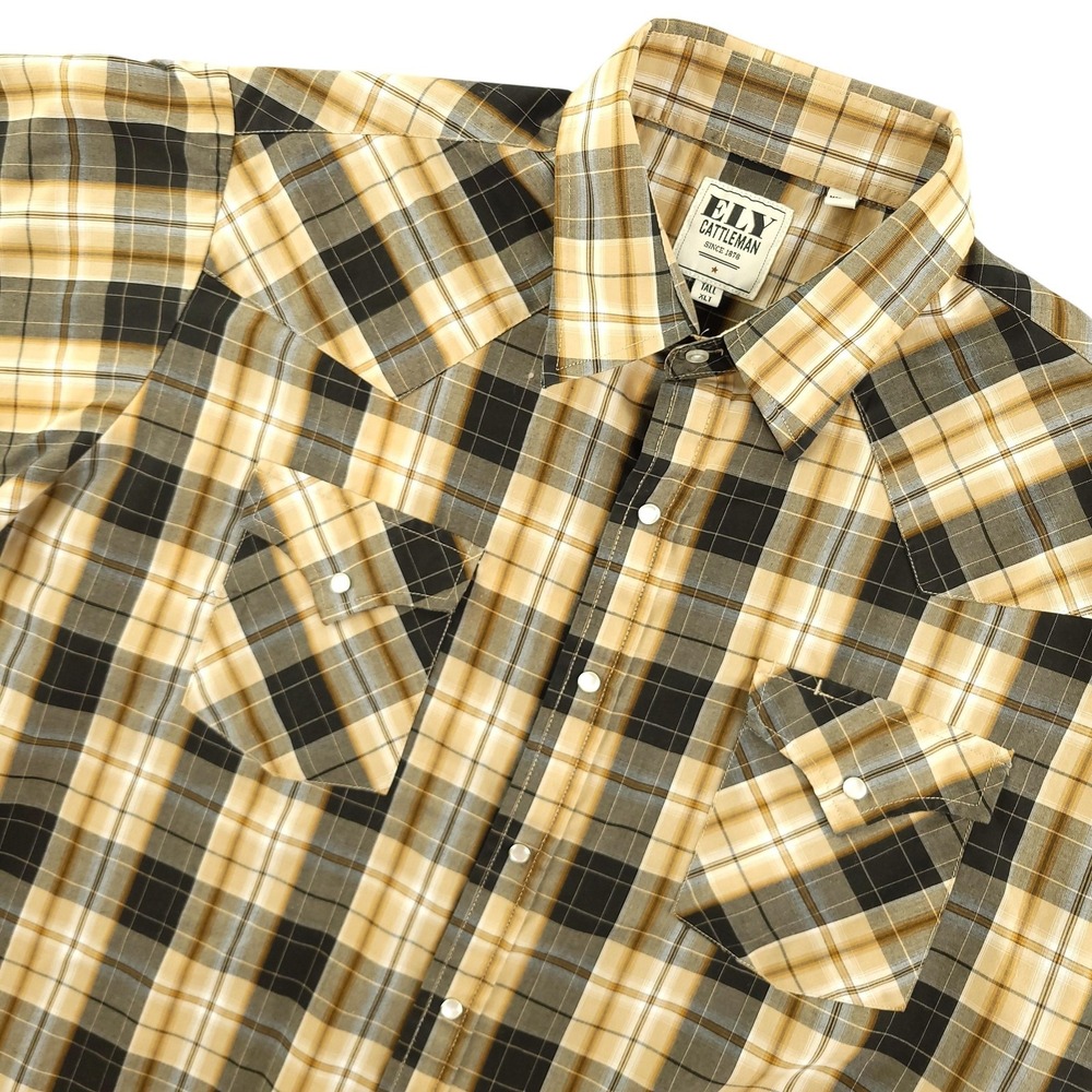 Ely Cattleman Shirt Mens XLT Beige‎ Plaid Short Sleeve Snap Western Cowboy